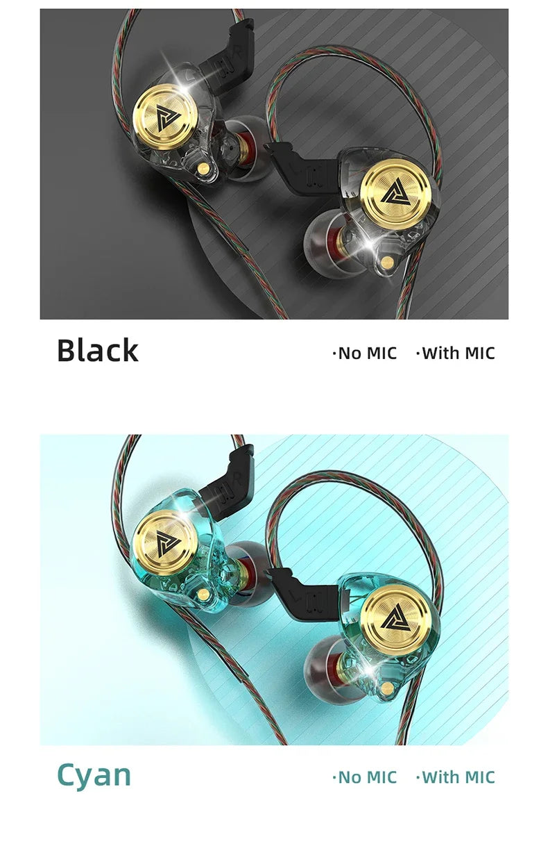 Image of QKZ AK3 earphones in Black and Cyan colors, showcasing features with and without microphone options.