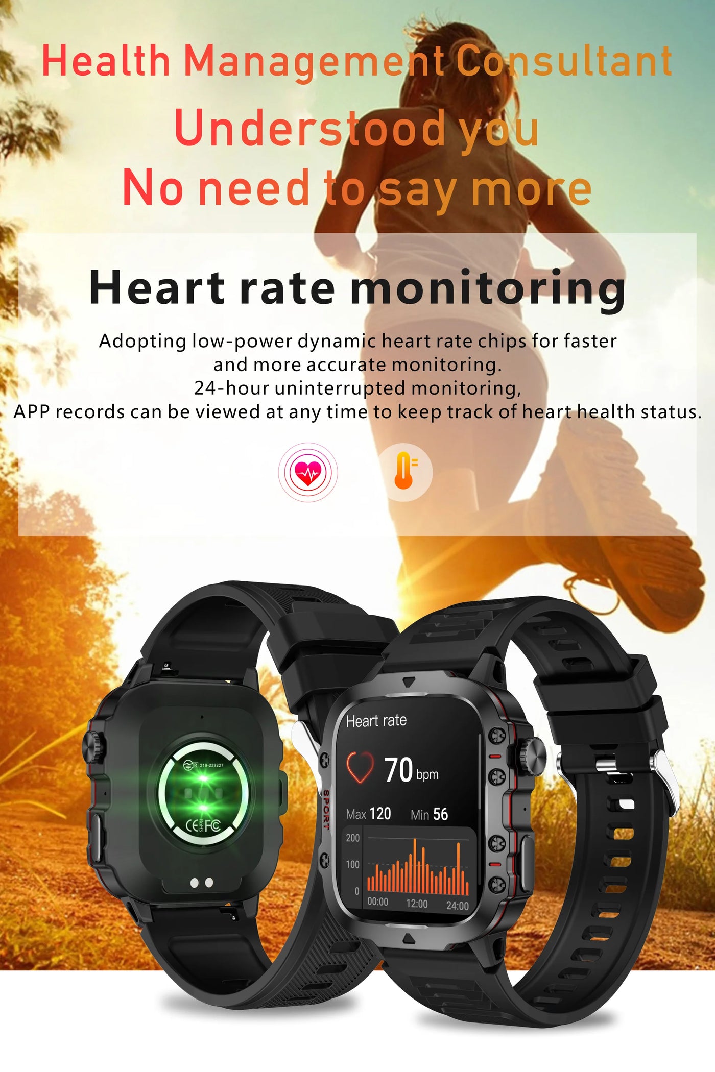 Rugged military smart watch featuring heart rate monitoring, waterproof fitness tracking, and companion app.