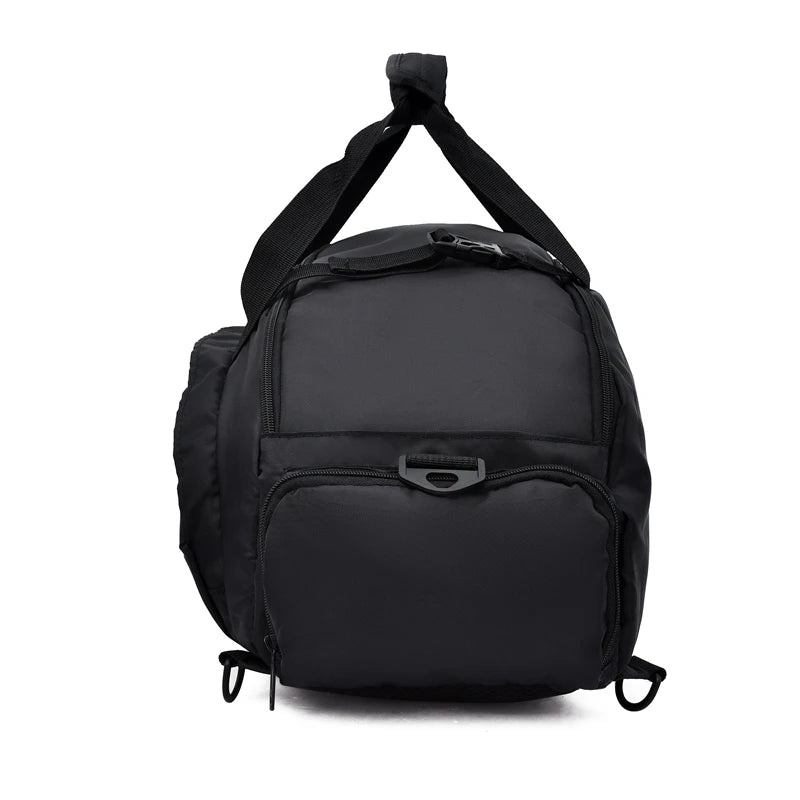 Waterproof gym bag designed for fitness, outdoor activities, and yoga; features a sleek black design and durable nylon material.