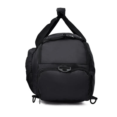 Waterproof gym bag designed for fitness, outdoor activities, and yoga; features a sleek black design and durable nylon material.