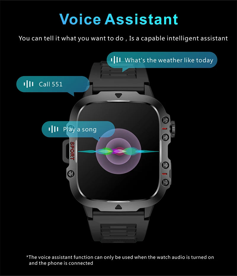Smartwatch display showcasing voice assistant features with interactive voice commands.