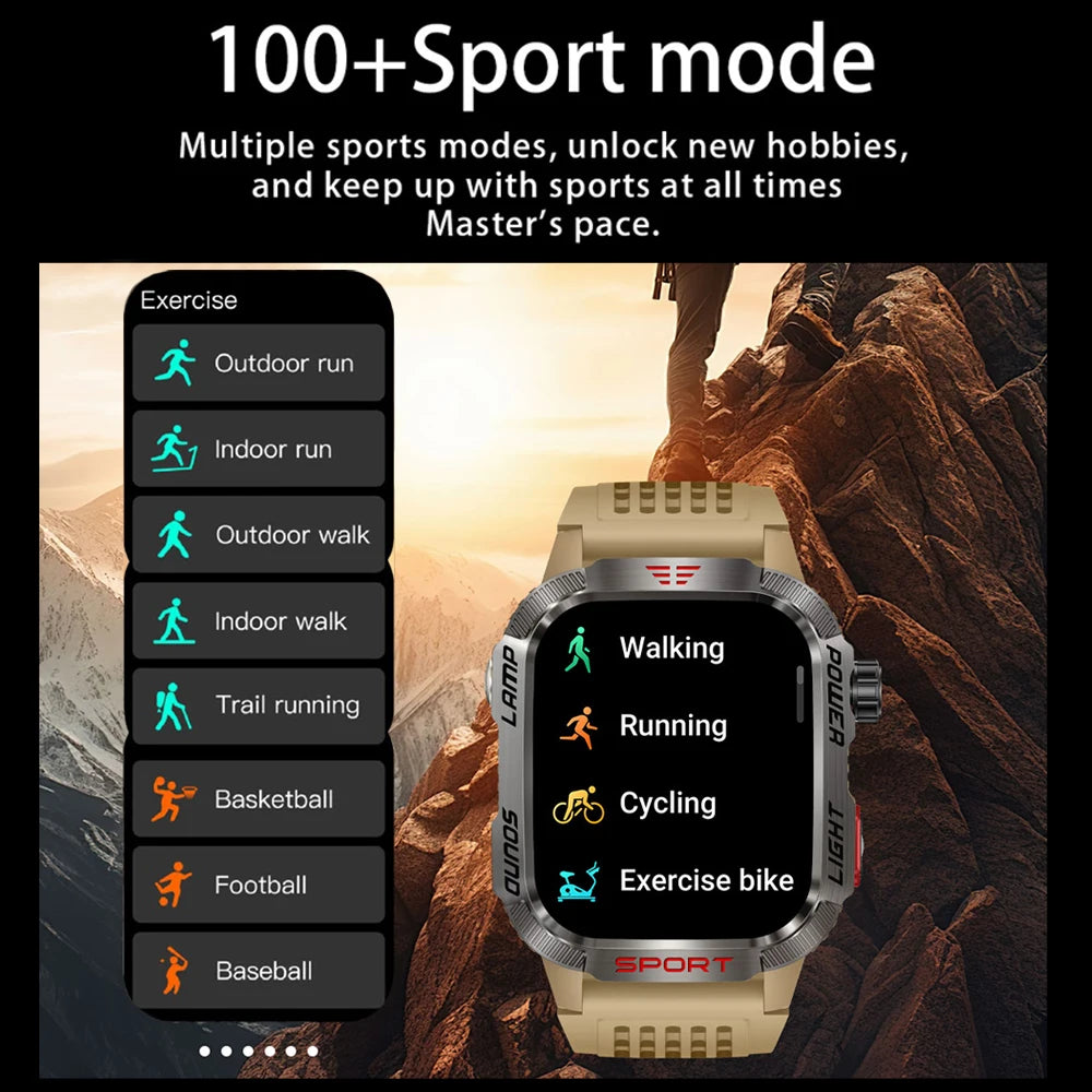 Military GPS smart watch with 100+ sports modes displayed on screen for various activities like running and cycling.