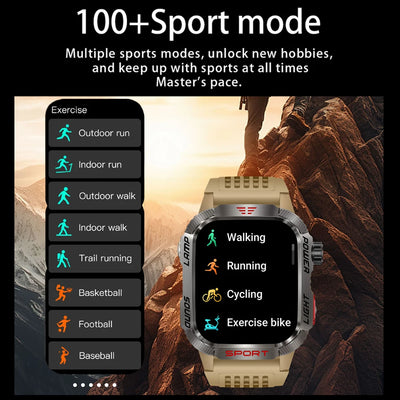 Military GPS smart watch with 100+ sports modes displayed on screen for various activities like running and cycling.