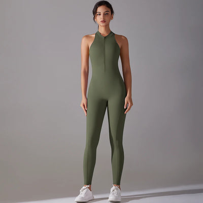 Women’s slim fit bodysuit in olive green, ideal for yoga and workouts, featuring breathable and quick-dry fabric.