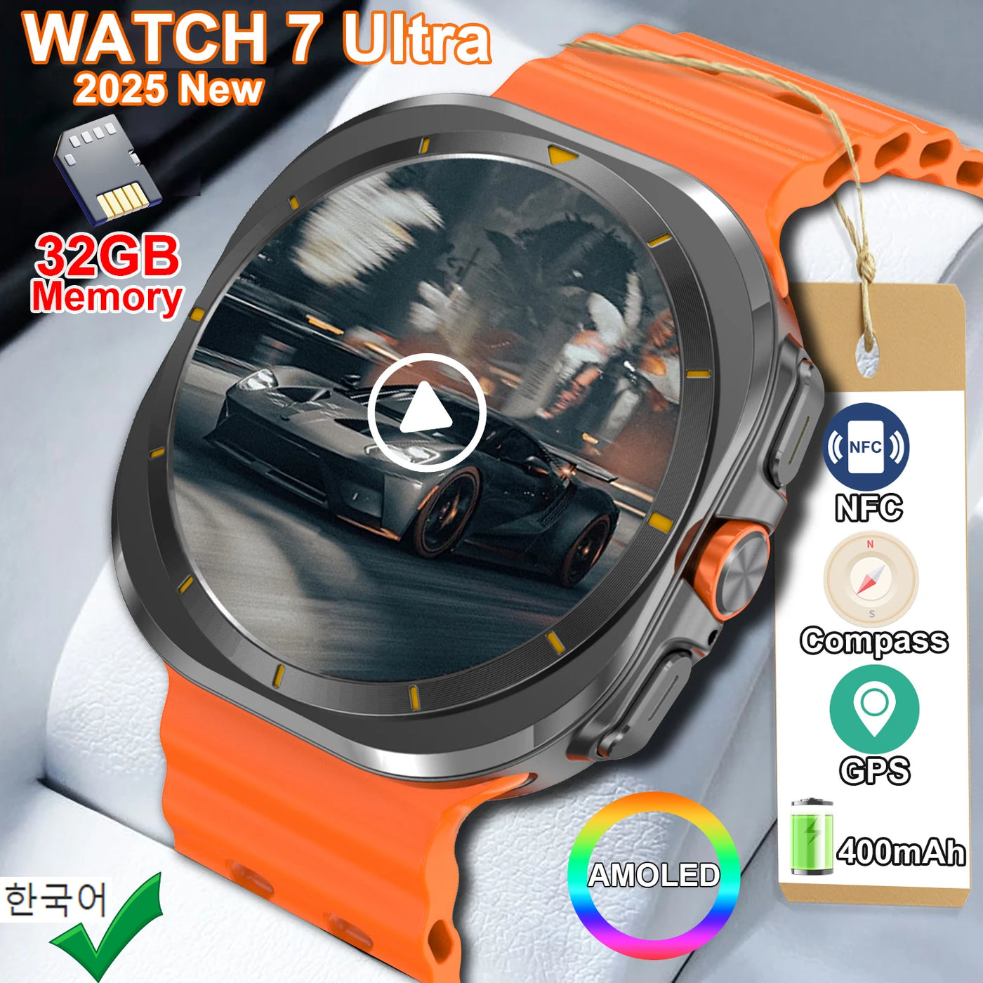 2025 Watch 7 Ultra Smartwatch featuring 32GB memory, AMOLED display, NFC, GPS, and 400mAh battery.
