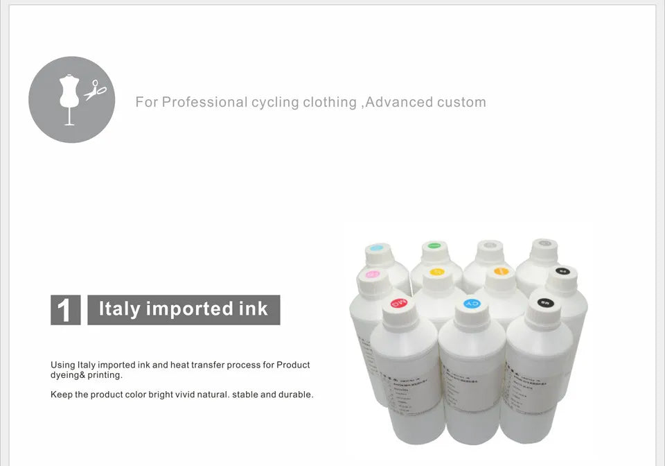 Bottles of Italy imported ink for professional cycling clothing printing, showcasing vibrant color stability and durability.