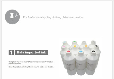 Bottles of Italy imported ink for professional cycling clothing printing, showcasing vibrant color stability and durability.