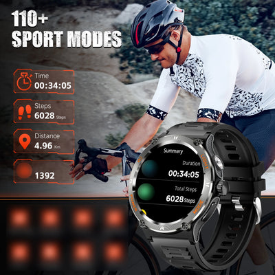 LaNikar Smart Watch displayed on cyclist, showcasing 110+ sport modes, step count, and distance tracked.