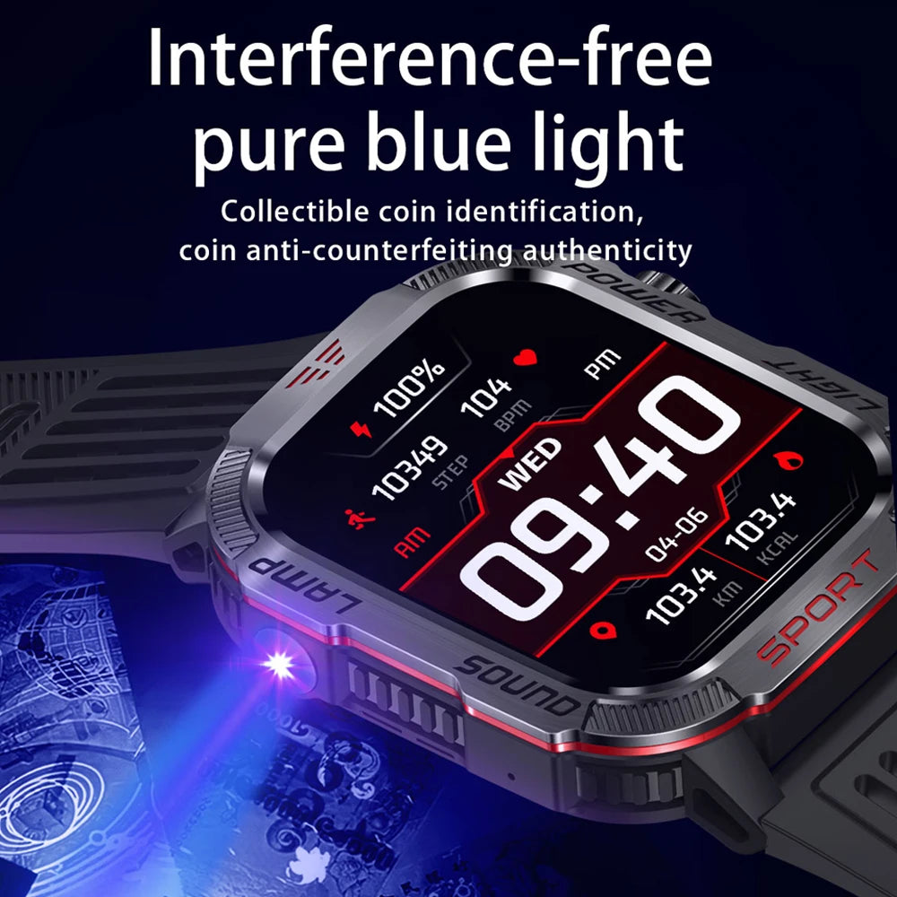 Military GPS smart watch with blue light display showing time and stats for calories, steps, and distance.