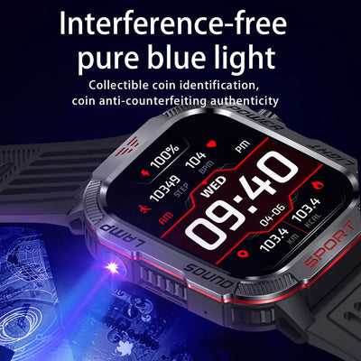Military GPS smart watch with blue light display showing time and stats for calories, steps, and distance.