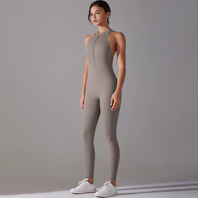 Women in a taupe bodysuit showcasing tummy control and butt lifting features, perfect for yoga and workouts.