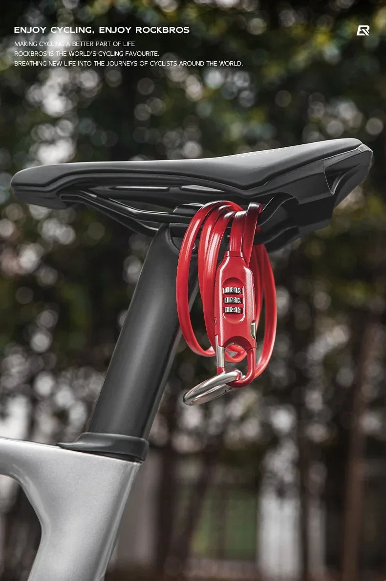 ROCKBROS high-security bike lock hanging from a bicycle saddle, highlighting its anti-theft features for cyclists.