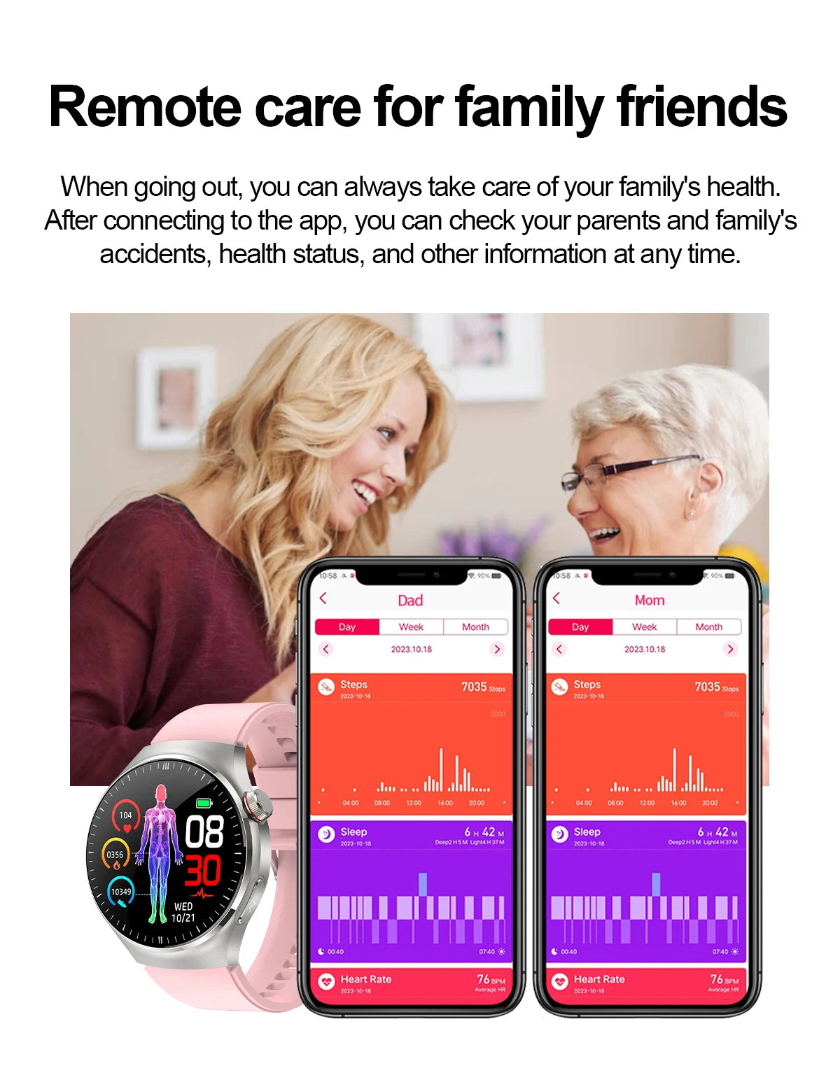 Women using health app on smartphones, monitoring family health with smartwatch displays.