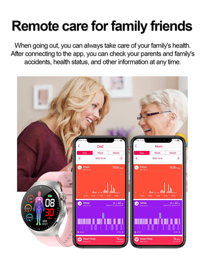 Women using health app on smartphones, monitoring family health with smartwatch displays.