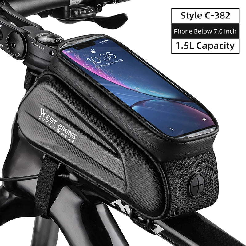 WEST BIKING 7" bike phone bag with touch screen, waterproof design, suitable for phones under 7 inches, 1.5L capacity.