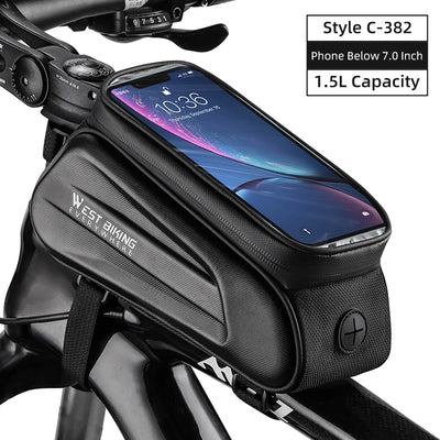 WEST BIKING 7" bike phone bag with touch screen, waterproof design, suitable for phones under 7 inches, 1.5L capacity.