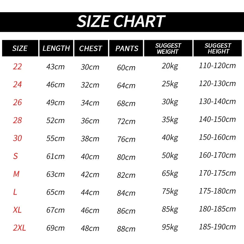 Size chart for men's compression sportswear set, showing dimensions and weight recommendations for various sizes.