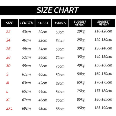 Size chart for men's compression sportswear set, showing dimensions and weight recommendations for various sizes.