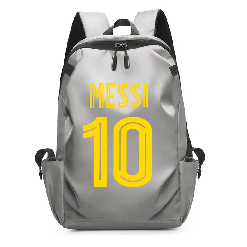 Football Super Stars MESSI backpack in gray with yellow text, ideal for students and fans, featuring USB port and trendy design.