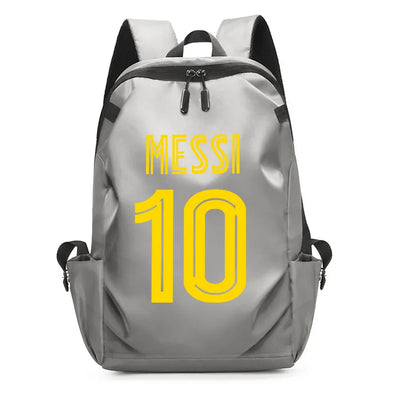 Football Super Stars MESSI backpack in gray with yellow text, ideal for students and fans, featuring USB port and trendy design.