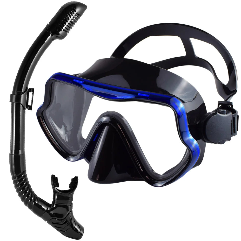 Scuba diving mask and snorkel set for adults with tempered glass and a professional design for snorkeling and swimming training.