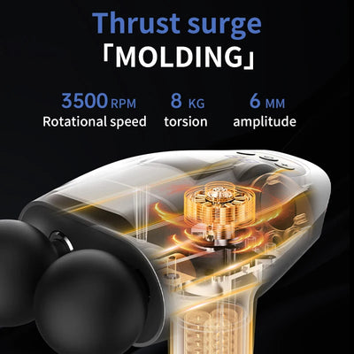 Close-up of double headed massage gun showing thrust surge technology, 3500 RPM speed, and 6 mm amplitude.