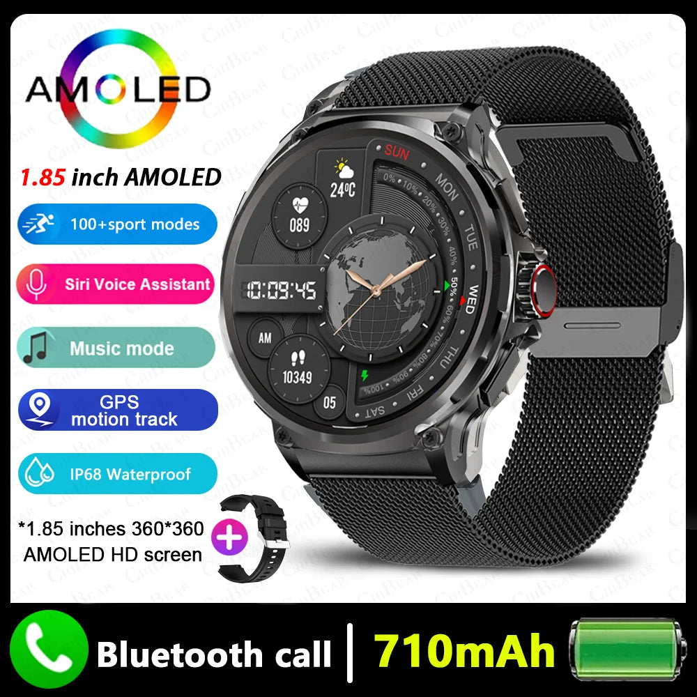 GPS Smart Watch with 1.85 inch AMOLED screen, Bluetooth call, waterproof, and 710mAh battery for active adults.
