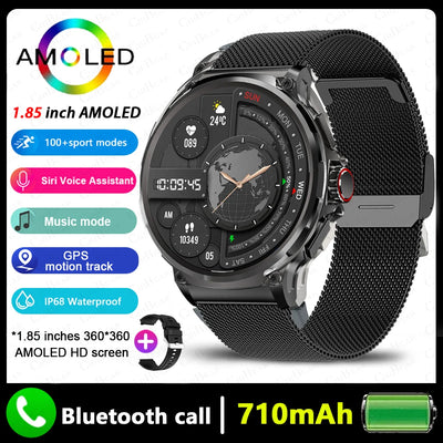 GPS Smart Watch with 1.85 inch AMOLED screen, Bluetooth call, waterproof, and 710mAh battery for active adults.