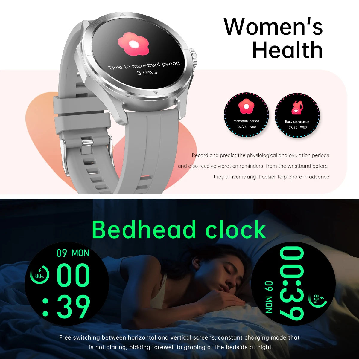 Xiaomi smartwatch displaying menstrual health tracker and bedhead clock features in a stylish design.