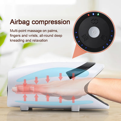 Electric hand massage device with airbag compression for deep kneading and relaxation on palms and wrists.