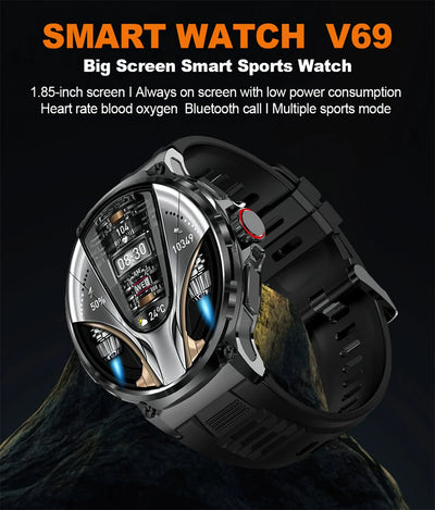 Smart Watch V69 features a 1.85-inch big screen, Bluetooth call, heart rate monitor, and multiple sports modes.