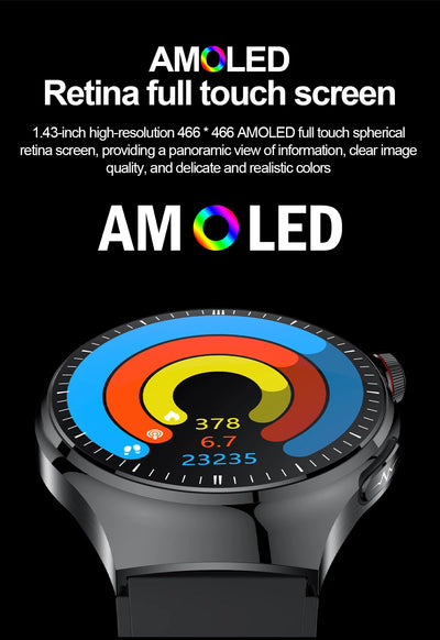 AMOLED smartwatch with a 1.43-inch high-resolution touch screen, showcasing detailed health metrics and vibrant colors.