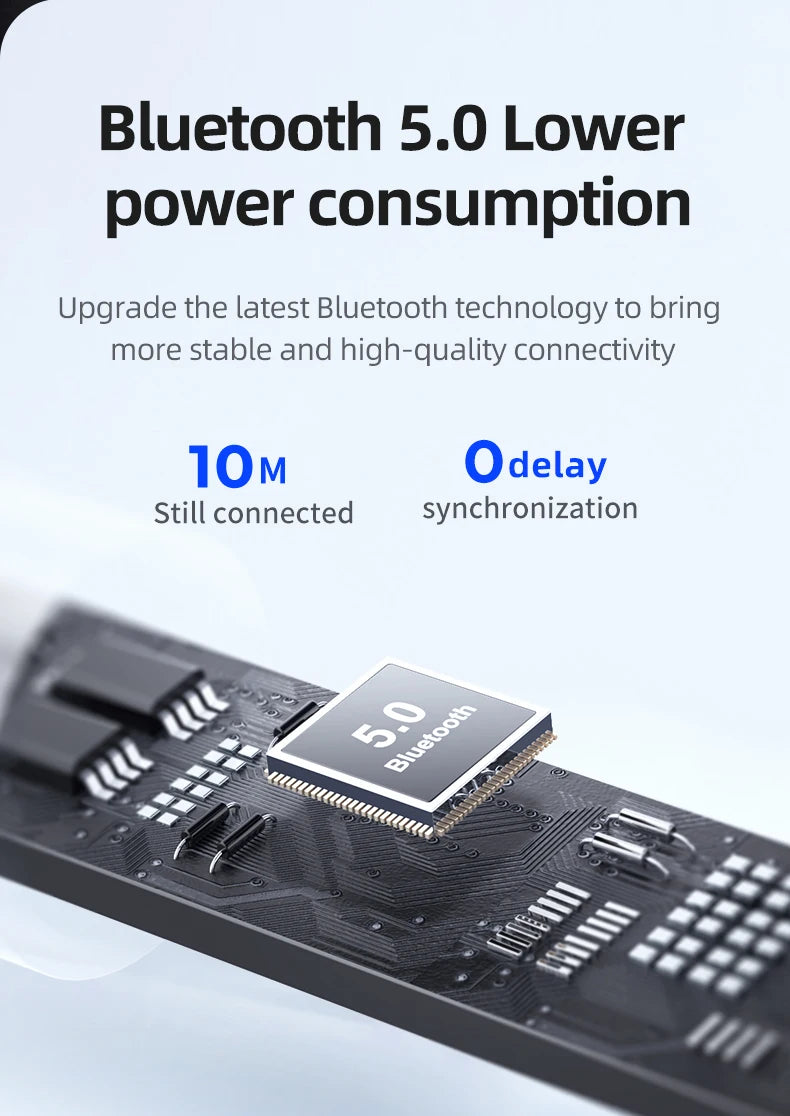 Bluetooth 5.0 chip with low power consumption for stable quality connectivity and minimal delay in synchronization.
