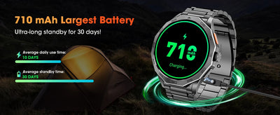 Ultra-resistant smartwatch displaying 710 mAh battery life with 30 days standby time against a scenic outdoor backdrop.