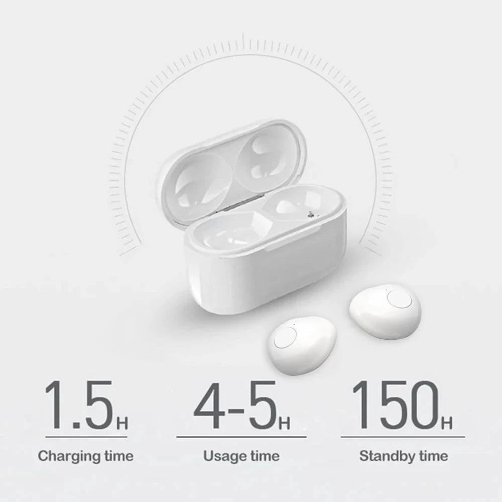 Mini TWS earbuds in charging case showing charging, usage, and standby times.