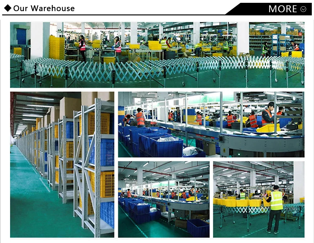 Warehouse interior showing workers organizing items, conveyor belts, and storage areas for efficient logistics.