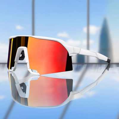 Brand 100 cycling sunglasses featuring UV400 protection, big frame, and stylish red lens in a multi-color design.