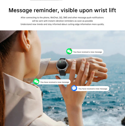 User receiving message notifications on Xiaomi S4 Ultra Smartwatch while looking at the sea.