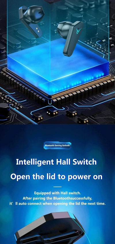 TWS Wireless Bluetooth headphones with Intelligent Hall Switch for gamers, featuring auto connect and active noise cancellation.