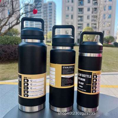 Three black stainless steel thermos bottles with leakproof design, vacuum insulated, eco-friendly features.