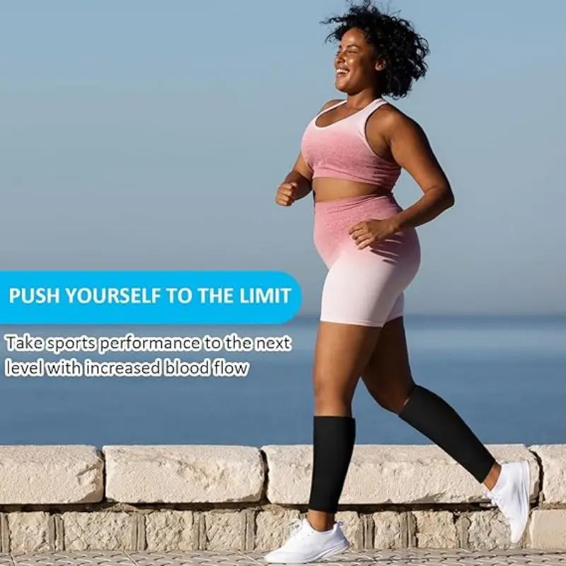 Woman jogging in sportswear with compression sleeves, promoting increased blood flow for enhanced performance.