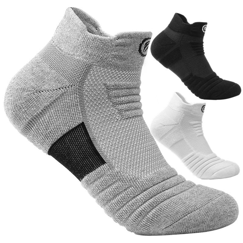Elastic Compression Sports Socks in gray, black, and white, designed for breathability and comfort during sports activities.
