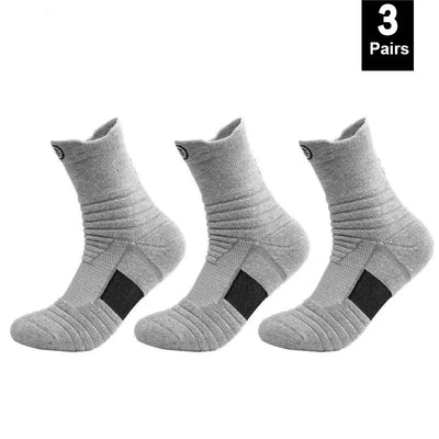 Three pairs of gray elastic compression sports socks designed for breathability and comfort during athletic activities.