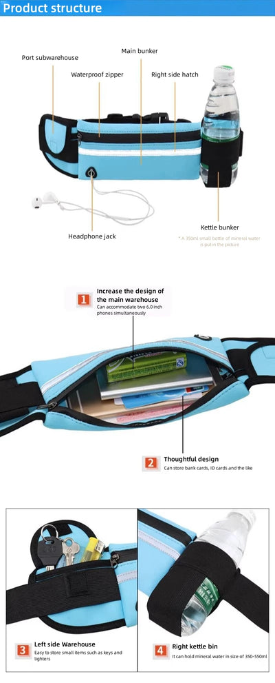 Waterproof running waist pack features main bunker, headphone jack, and multiple compartments for bottles and essentials.