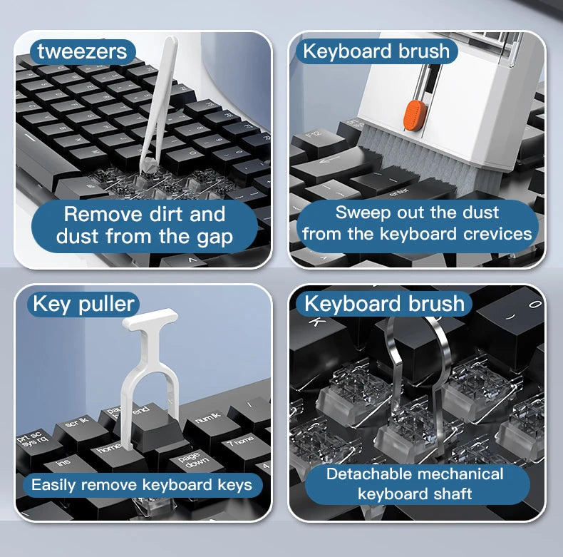 22-in-1 Multi-Function Cleaning Kit showing tweezers, keyboard brush, key puller, and cleaning tools for PC keyboards.