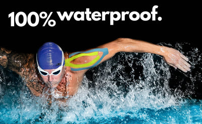 Male swimmer demonstrating 100% waterproof gear with splashes of water around him.