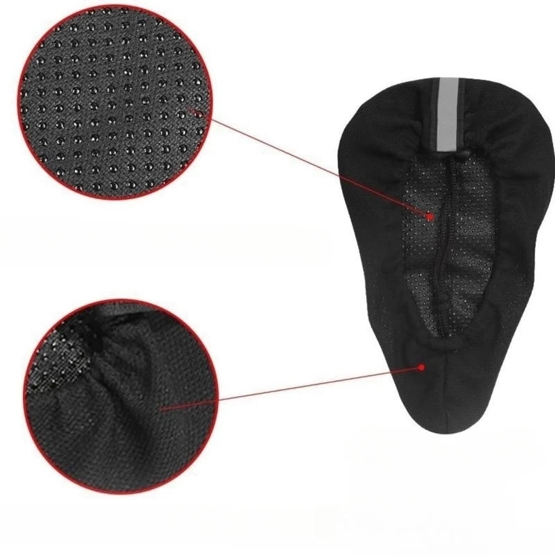 Close-up of padded bike seat cover highlighting breathable mesh texture and snug fit for comfort during cycling.