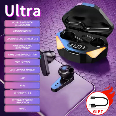 TWS Wireless Bluetooth earbuds with waterproof design and low latency, ideal for gaming and calls, featuring Bluetooth 5.3, hi-fi sound.
