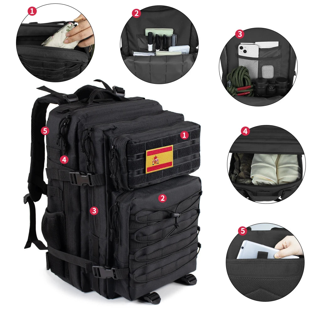 Tactical 45L gym backpack with waterproof design, multiple compartments, and ergonomic straps for hiking and outdoor use.