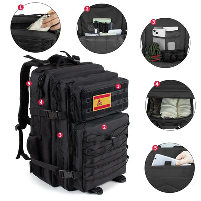 Tactical 45L gym backpack with waterproof design, multiple compartments, and ergonomic straps for hiking and outdoor use.